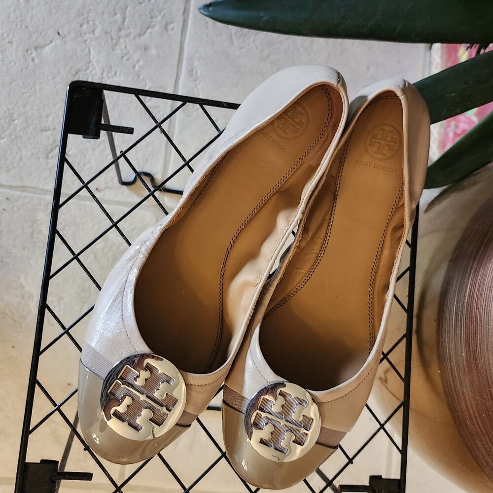 Tory Burch Minnie Patent Cap Toe Ballet Shoes Light Taupe/Gray Heron Sz 11M - Picture 5 of 7